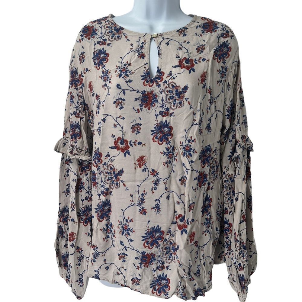 4our Dreamers Keyhole Neck Floral‎ Print  Ruffle Sleeves Top